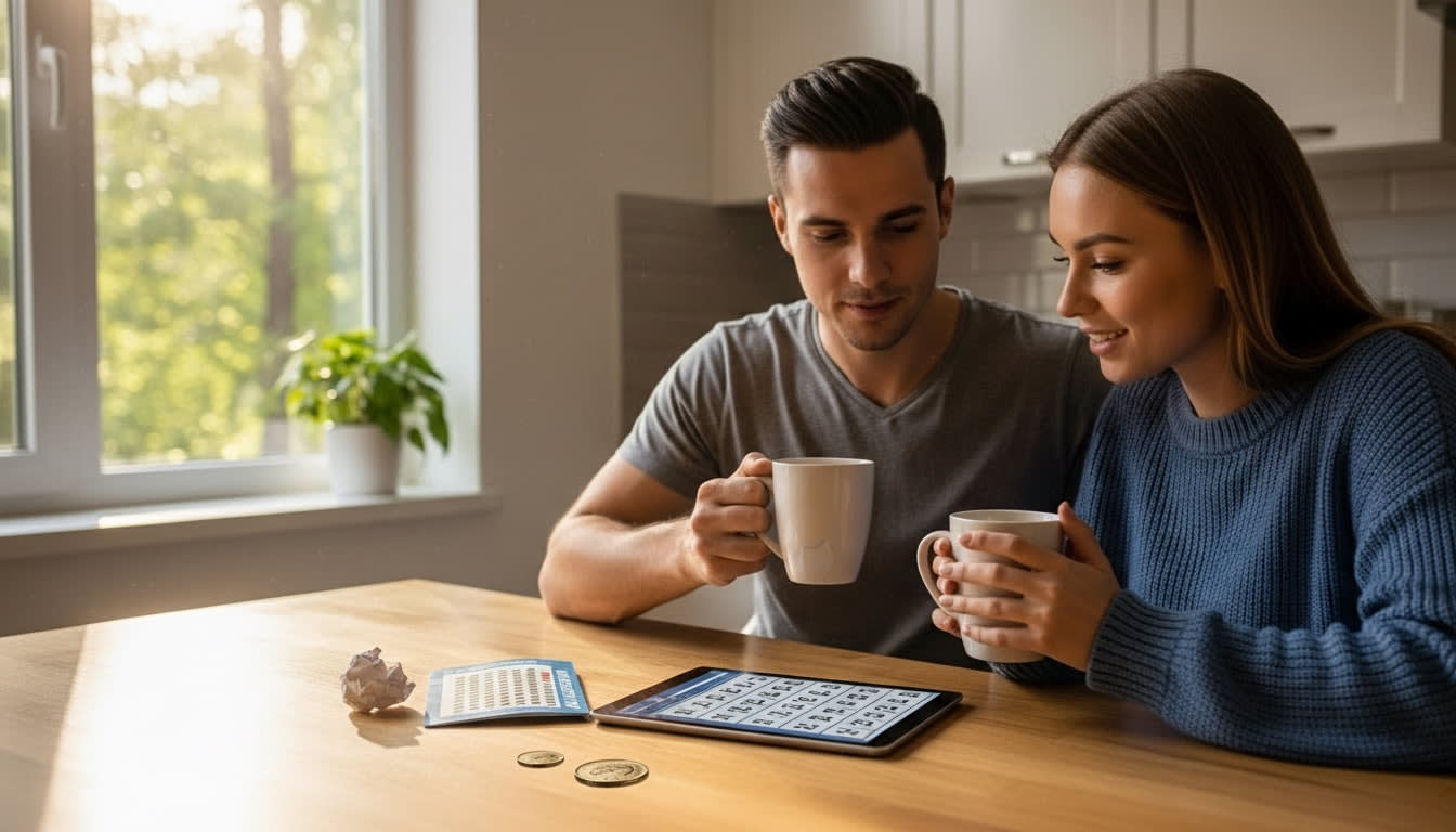 Canadian couple checking Lotto Max results together on a tablet with coffee and Toonies on the table